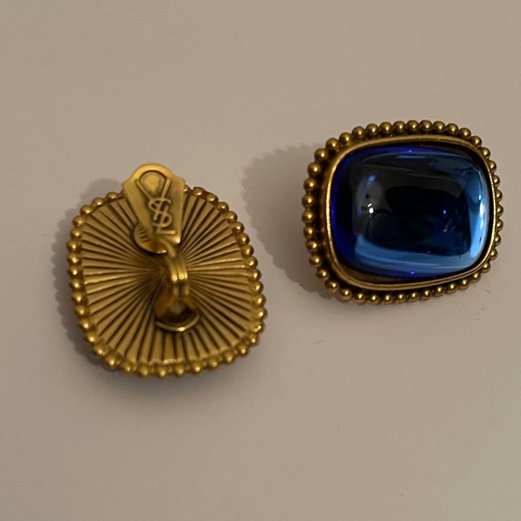 Stunning Vintage YSL Blue Gripoix Cabochon Gold Clip-on Earrings - Picture 3 of 4